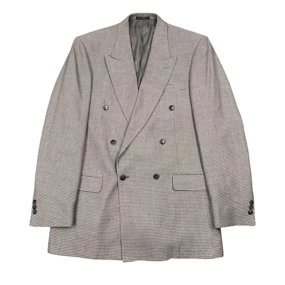 Pierre Balmain Blazer Men 44L Tan Taupe Weave Abstract Silk Wool Double Breasted